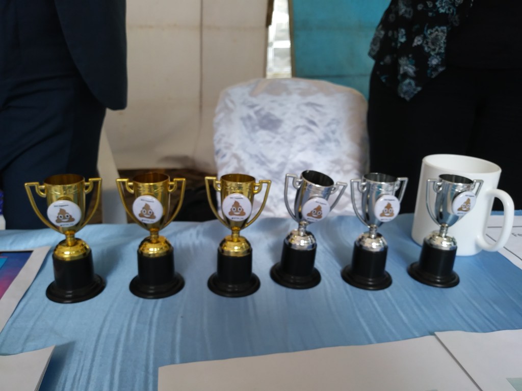 A photograph of small plastic trophies with poop emojis on them
